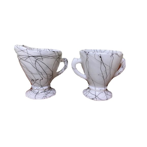 Hazel Atlas Other - Vintage MCM Creamer And Sugar Hazel Atlas Drizzle White Glass Black